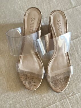 Schutz Clear Double Strap Block Heel Cork Slide Women's Sandals